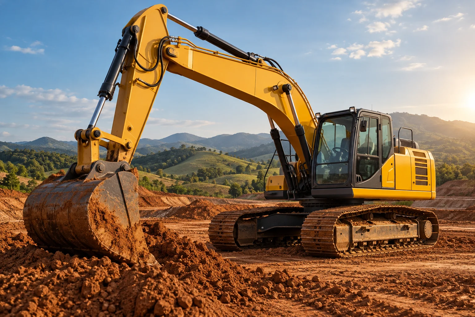 Escavadeira em uma área de obras
